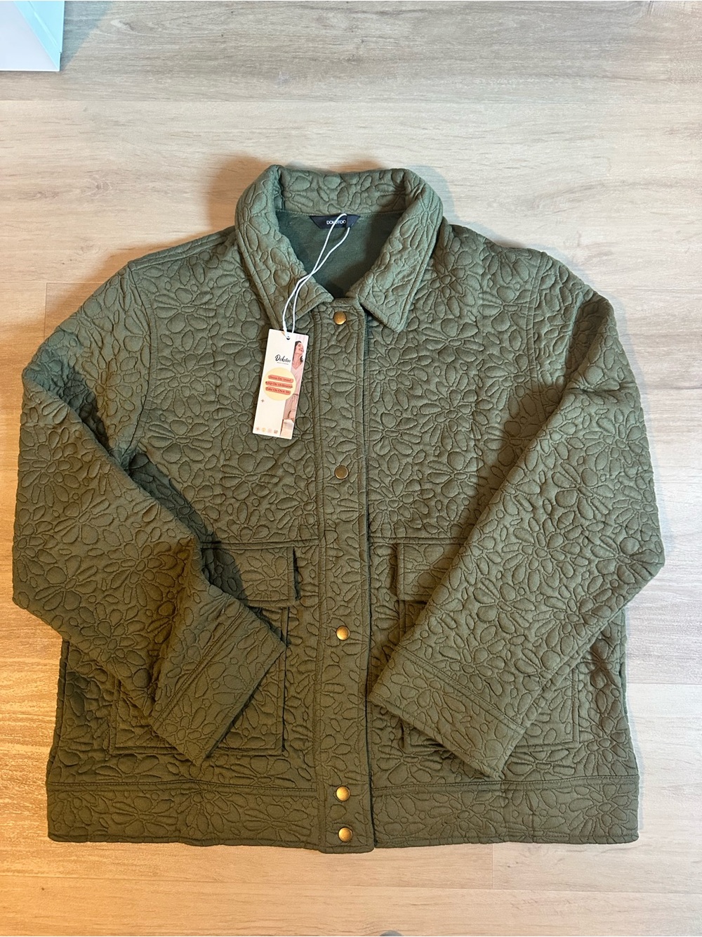 Quilted Olive Utility Jacket with Floral Stitching